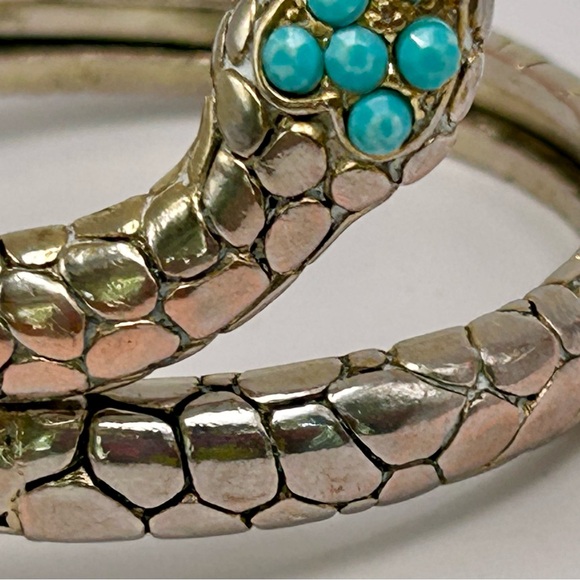 Hinged Silver Snake Reptile 🦎 Bangle Bracelet Faceted Faux Turquoise Blue Eyes - Picture 12 of 16
